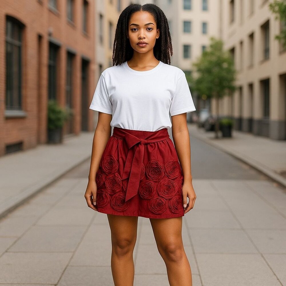 Red Satin Feminine Festive Preppy Fairy Tulle Lined Floral Applique Mini Skirt M